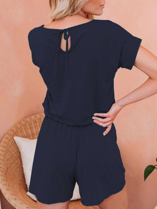 Women's Minimalist Plain Tie Back Pocket Straight Leg Romper, Lady Casual Comfort Short Sleeve Round Neck High Waist Jumpsuit for Summer, Ladies Clothes for Daily Wear, Back To School Clothes, Summer Outfits 2024 Sets, Womenswear