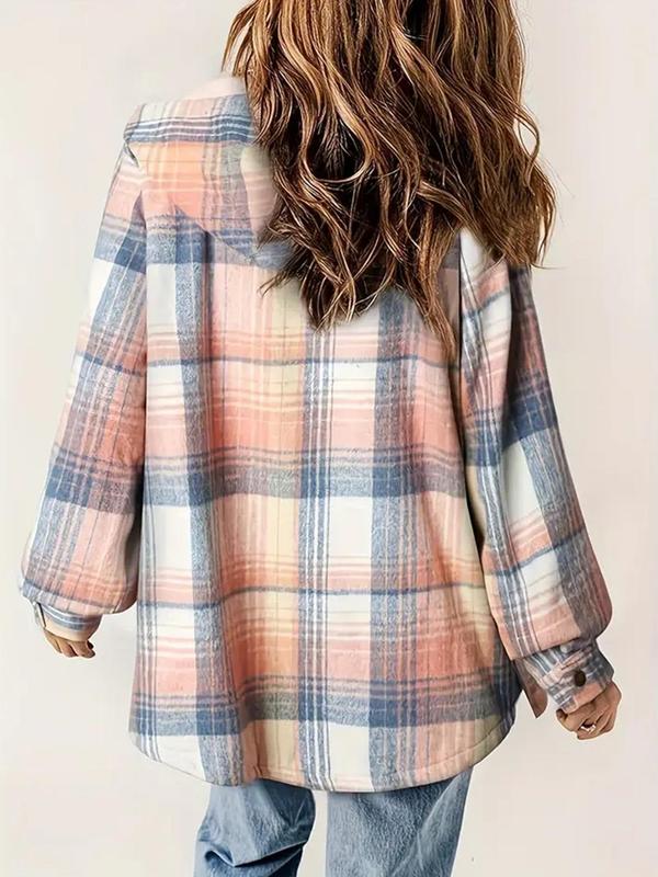 Women's Plaid Print Button Front Hooded Jacket, Casual Long Sleeve Pocket Outerwear for Fall & Winter,  Winter Clothes Women, Ladies Clothes for Daily Wear