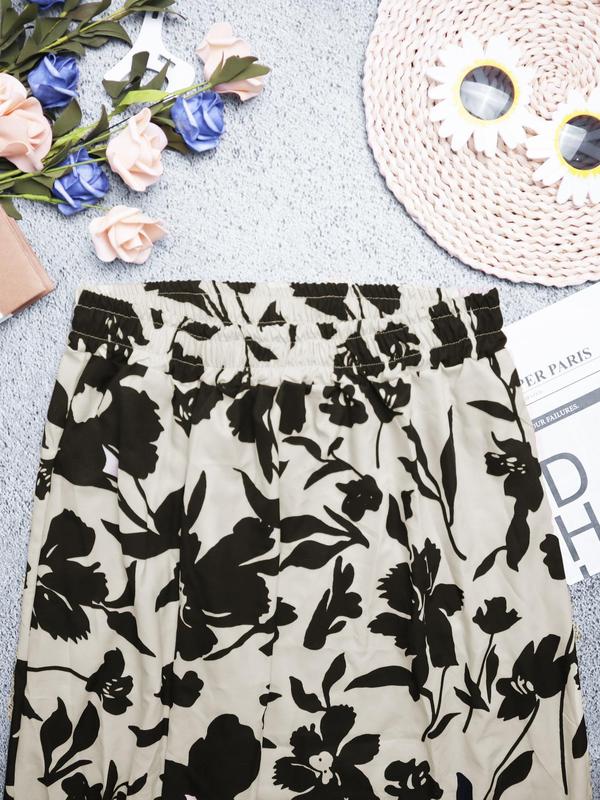 Women's Floral Print Split Thigh Paper Bag Waist A Line Skirt, Boho Fashion Casual Long Skirt for Daily Beach Holiday Vacation, Ladies Summer Clothes