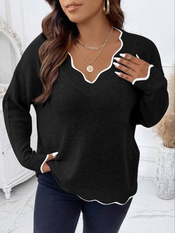  Contrast Binding Scallop Trim Sweater, Casual Drop Shoulder Long Sleeve V Neck Jumper for Fall & Winter, Women's Clothing for Daily Wear, Fall Fall Outfits 2024, Fall Outfits, Fallfreshness