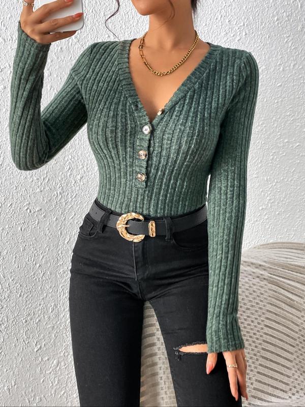 Women's Plain Button Front Ribbed Knit Bodysuit, Casual Long Sleeve V Neck Bodysuit for Fall & Winter, Women's Clothes for Daily Wear, North West Body Suit