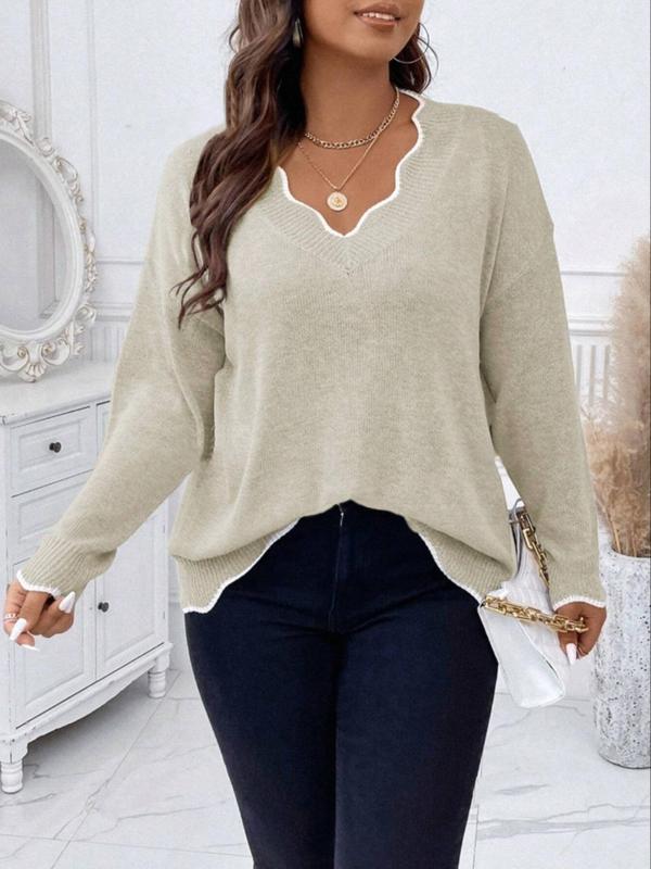  Contrast Binding Scallop Trim Sweater, Casual Drop Shoulder Long Sleeve V Neck Jumper for Fall & Winter, Women's Clothing for Daily Wear, Fall Fall Outfits 2024, Fall Outfits, Fallfreshness