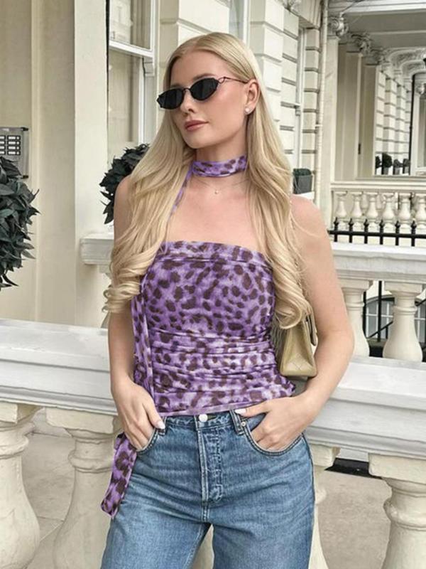 Women's Leopard Print Ruched Mesh Tube Top with Belt, Casual 2000s Y2k Strapless Top for Summer, Ladies Clothes for Party Club Beach Vacation, Vintage 90s Tops, Tube Tops, Going Out Tops, Tops for Women