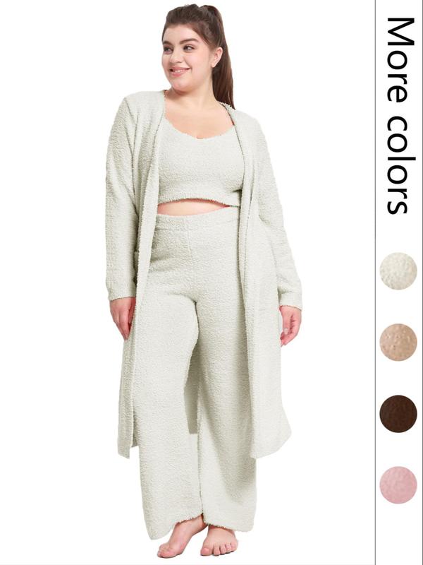 three-piece Set Women's Plain Belted Pocket Robe & Sleeveless Top & Pants Pyjama Set, Open Front Cardigan Crop Tank Tops Wide Legs Pants Lounge Sets, Winter Clothes Women Set, Women's Sleepwear for Fall & Winter