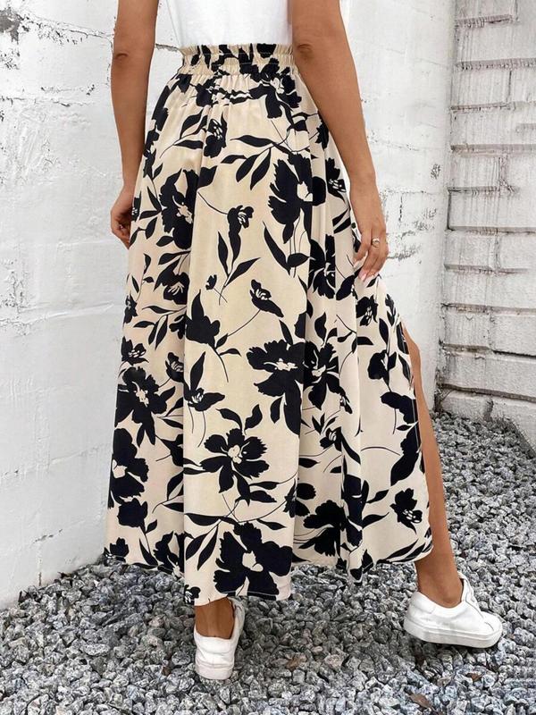 Women's Floral Print Split Thigh Paper Bag Waist A Line Skirt, Boho Fashion Casual Long Skirt for Daily Beach Holiday Vacation, Ladies Summer Clothes