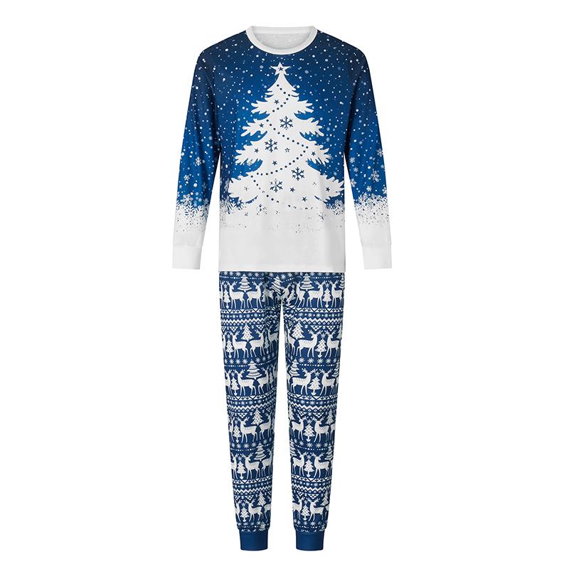 Blue Matching Christmas Pajamas For Family Snowflake Tree Print Long Sleeve Crew Neck Tops + Pants Set Sleepwear