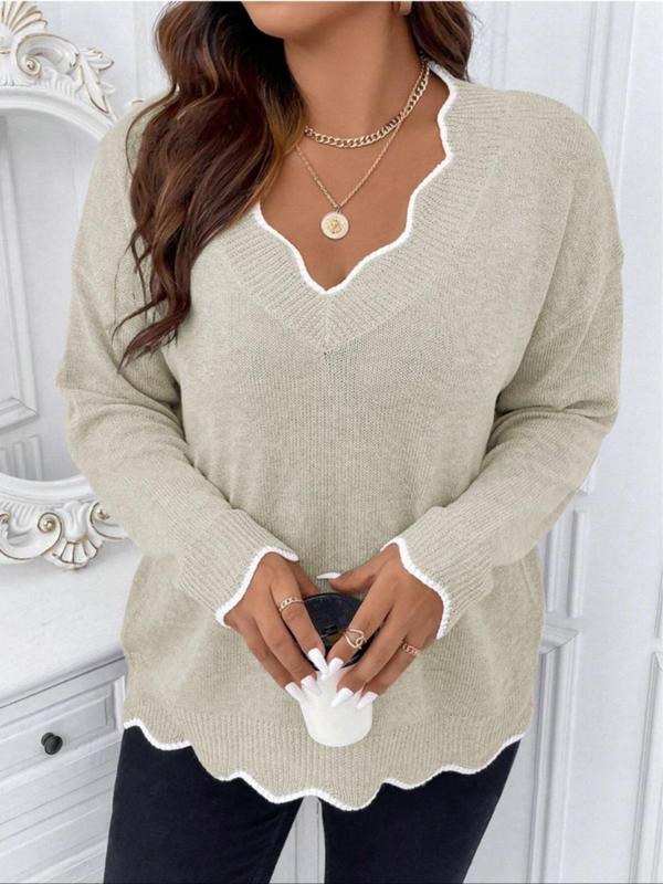  Contrast Binding Scallop Trim Sweater, Casual Drop Shoulder Long Sleeve V Neck Jumper for Fall & Winter, Women's Clothing for Daily Wear, Fall Fall Outfits 2024, Fall Outfits, Fallfreshness