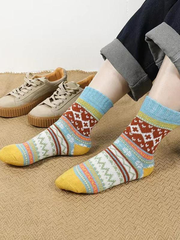 Women's Ethnic Pattern Mid-calf Socks, 5 Pairs Casual Soft Comfy Breathable Socks for Fall & Winter, Women's Socks for Daily Wear