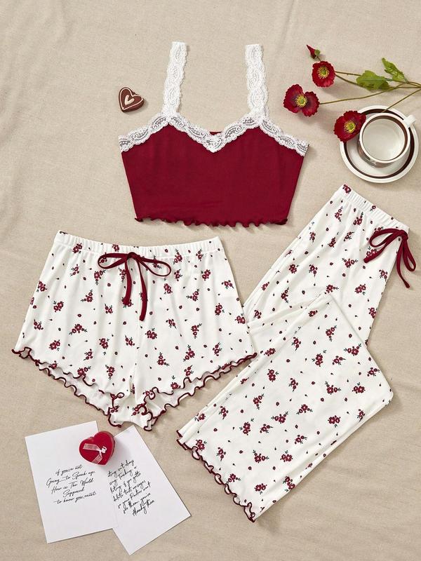 3 Counts Women's Ditsy Floral Print Contrast Lace Crop Cami Top & Bow Decor Shorts & Elastic Waist Pants Lettuce Trim Pyjama Set, Cute Nightwear, Summer Clothes, Camisole & Shorts & Trousers Pj Set, Summer Wear, Ladies Sleepwear for All Seasons