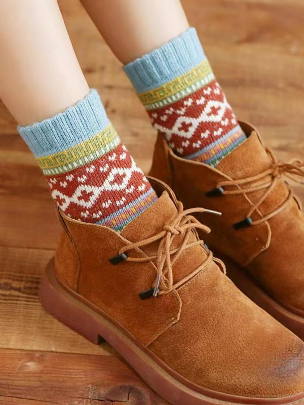 Women's Ethnic Pattern Mid-calf Socks, 5 Pairs Casual Soft Comfy Breathable Socks for Fall & Winter, Women's Socks for Daily Wear