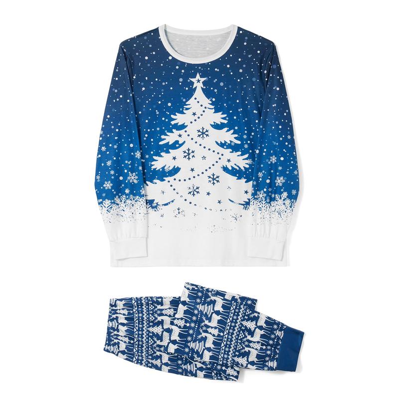 Blue Matching Christmas Pajamas For Family Snowflake Tree Print Long Sleeve Crew Neck Tops + Pants Set Sleepwear