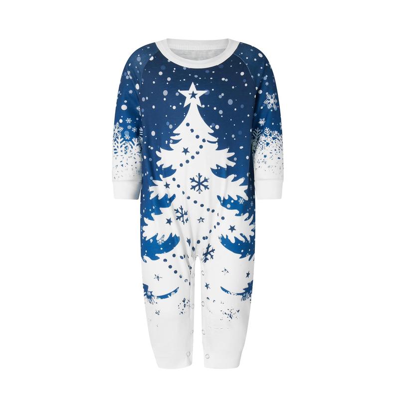 Blue Matching Christmas Pajamas For Family Snowflake Tree Print Long Sleeve Crew Neck Tops + Pants Set Sleepwear