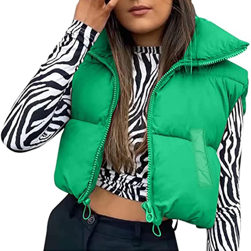 Women Winter Warm Crop Waistcoat, Sleeveless Stand Collar Double Sided Lightweight Puffer Vest