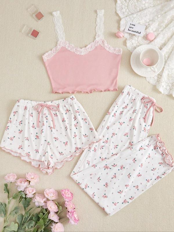 3 Counts Women's Ditsy Floral Print Contrast Lace Crop Cami Top & Bow Decor Shorts & Elastic Waist Pants Lettuce Trim Pyjama Set, Cute Nightwear, Summer Clothes, Camisole & Shorts & Trousers Pj Set, Summer Wear, Ladies Sleepwear for All Seasons