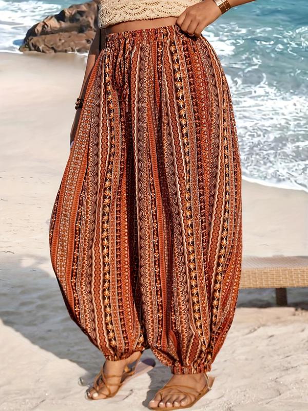 Plus Size Ethnic Pattern Tie Front Harem Pants, Boho High Waist Pocket Baggy Trousers, Women's Bottoms for Beach Vacation Holiday