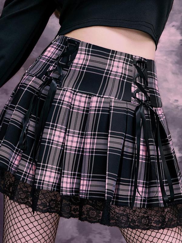 Women's Plaid Print Lace Up Pleated Skirt, Fashionable High Waist Skirt for Daily Wear, Ladies Bottoms for All Seasons