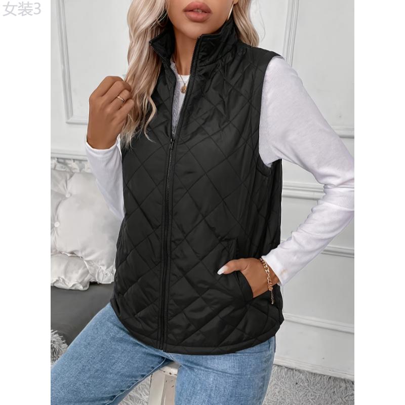 Quilted Solid Zipper Vest - Ultra-Warm, Versatile, Sleeveless Winter Outwear for Women - Perfect for Cold Weather, Outdoor Activities, and Daily Life Collar Fabric Womenswear Polyester Tops Comfort Basic High Neck