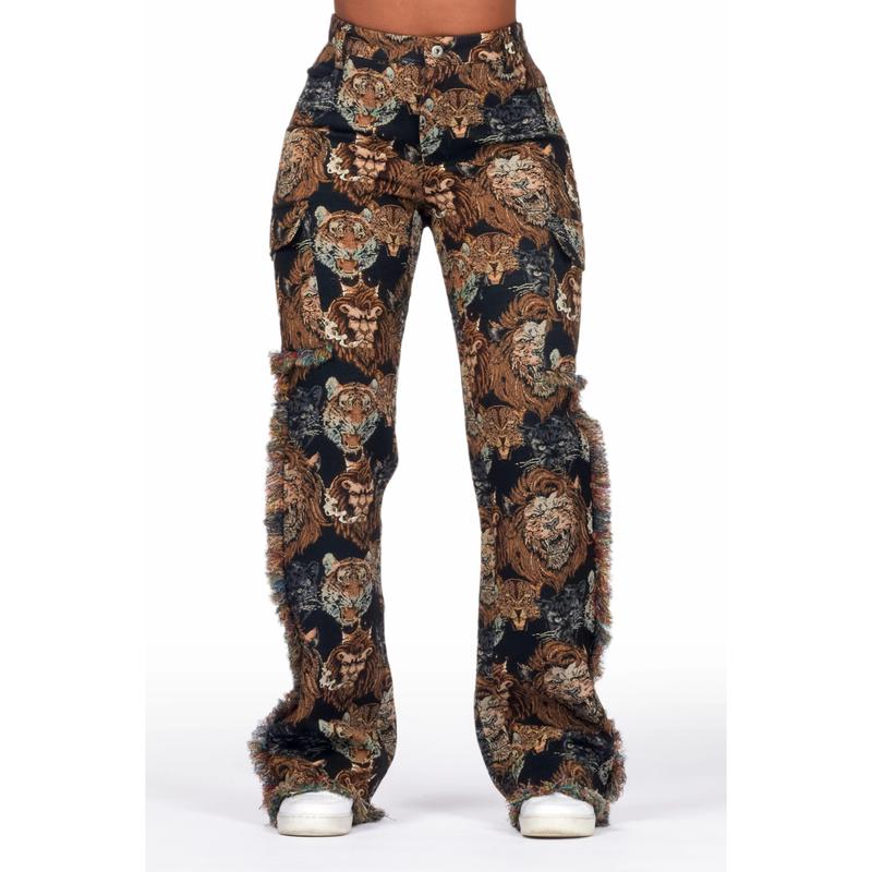 Khadiyah Black Animal Print Tapestry Stacked Pant