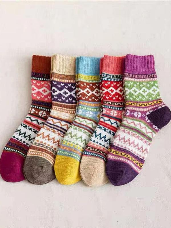 Women's Ethnic Pattern Mid-calf Socks, 5 Pairs Casual Soft Comfy Breathable Socks for Fall & Winter, Women's Socks for Daily Wear