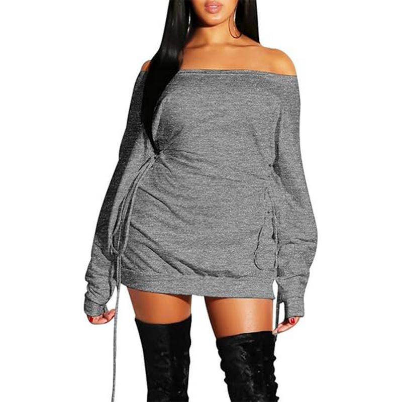 OYS  Women's Sexy Casual Off Shoulder Long Sleeve Lace Up Loose Club Mini Dress