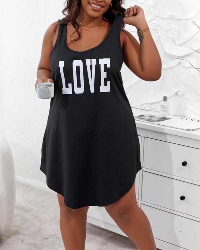 Chicme Plus Size Letter Print U-Neck Sleep Dress