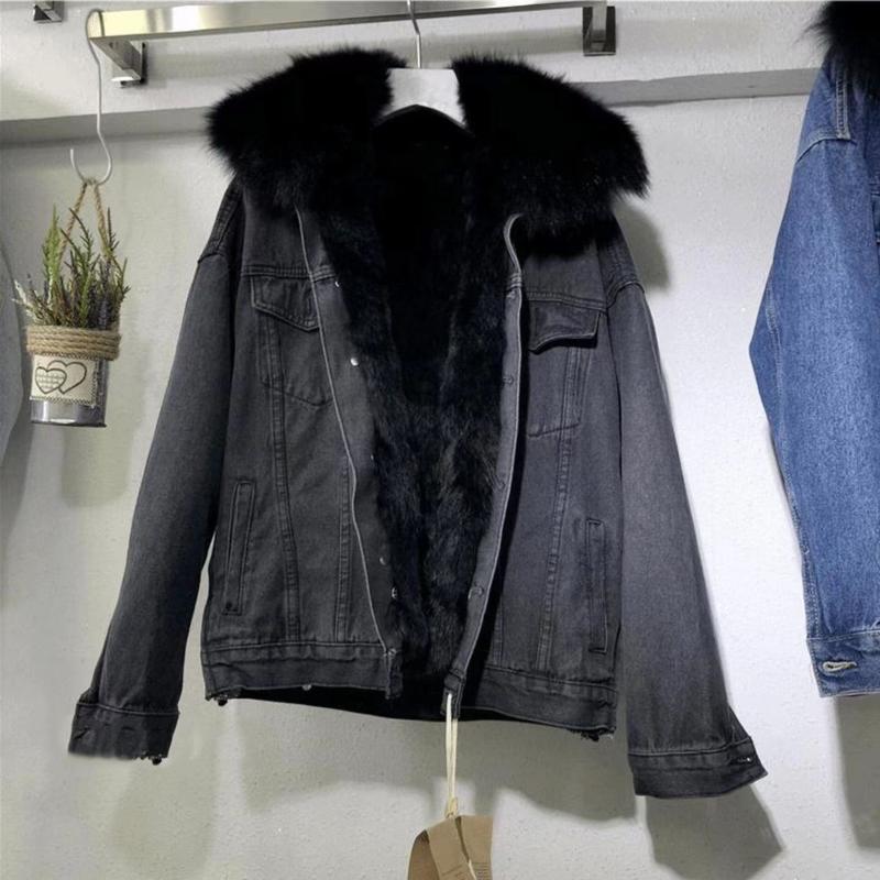 Short Coat Cotton-Padded Coat 2024 Winter Fleece-lined New Cotton Clothing Loose Korean Style Denim Fur Collar Thickened Coat for Women