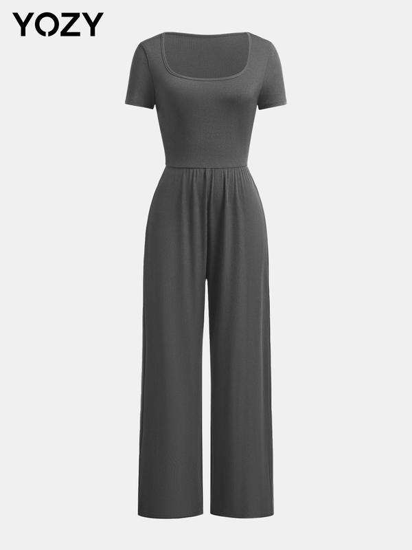 YOZY [4 colors, size 4-14] Plain Ribbed Square Neck Pleated Wide Leg Jumpsuit, Casual Fashion Short Sleeve Straight Leg Jumpsuit, 2024 Women's Daily Wear for Summer & Fall, [S-XXL]