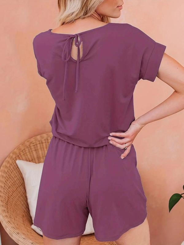 Women's Minimalist Plain Tie Back Pocket Straight Leg Romper, Lady Casual Comfort Short Sleeve Round Neck High Waist Jumpsuit for Summer, Ladies Clothes for Daily Wear, Back To School Clothes, Summer Outfits 2024 Sets, Womenswear