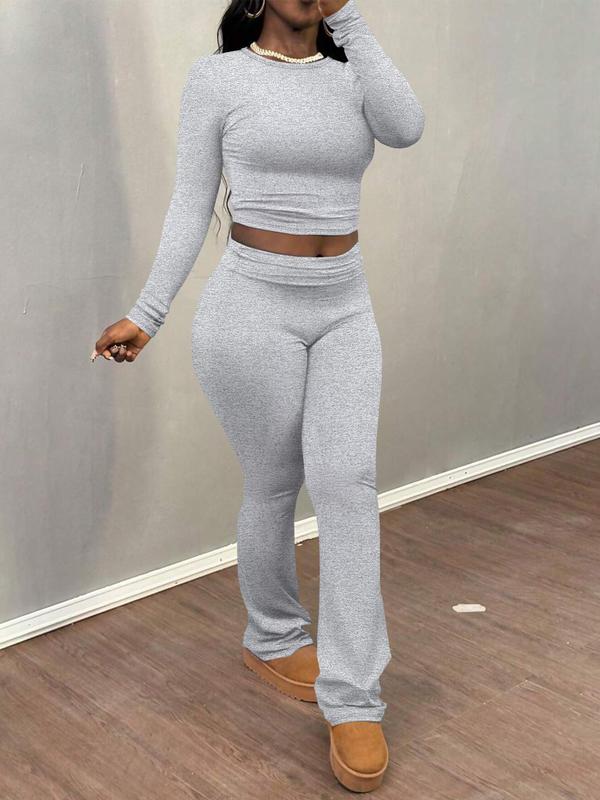  Two-Piece Set Solid Long Sleeve Crop Top & Skinny Pants Set, Casual Fashion Cozy Outfits for Daily Outdoor Wear, Women Clothing for Spring & Fall