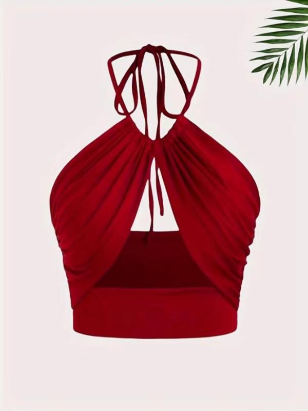 Women's Solid Ruched Tie Back Halter Sexy Cami Top, Casual Sleeveless Backless Top for Summer, Ladies Clothes for Daily Wear