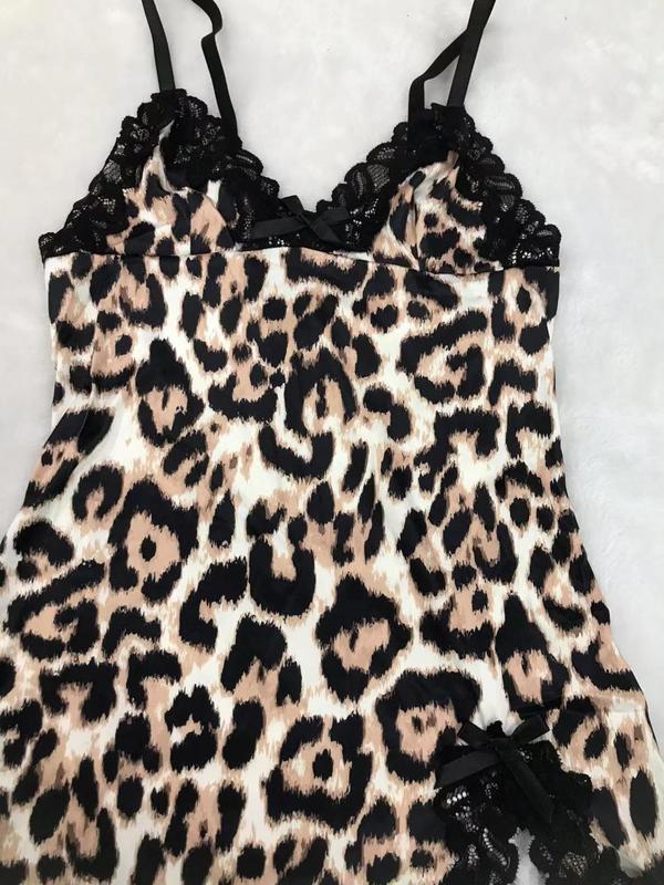 Women's Leopard Print Bow Decor Contrast Lace Cami Nightdress, Adjustable Strap Backless Split Hem Nightgown, Soft Comfortable Sleepwear for Women