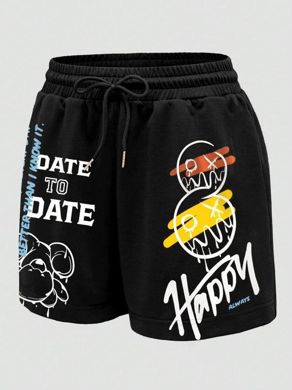 Women's Cartoon & Letter Print Drawstring Waist Shorts, Casual Elastic Waist Wide Leg Shorts for Daily Wear, Shorts for Women, Ladies Bottoms for All Seasons