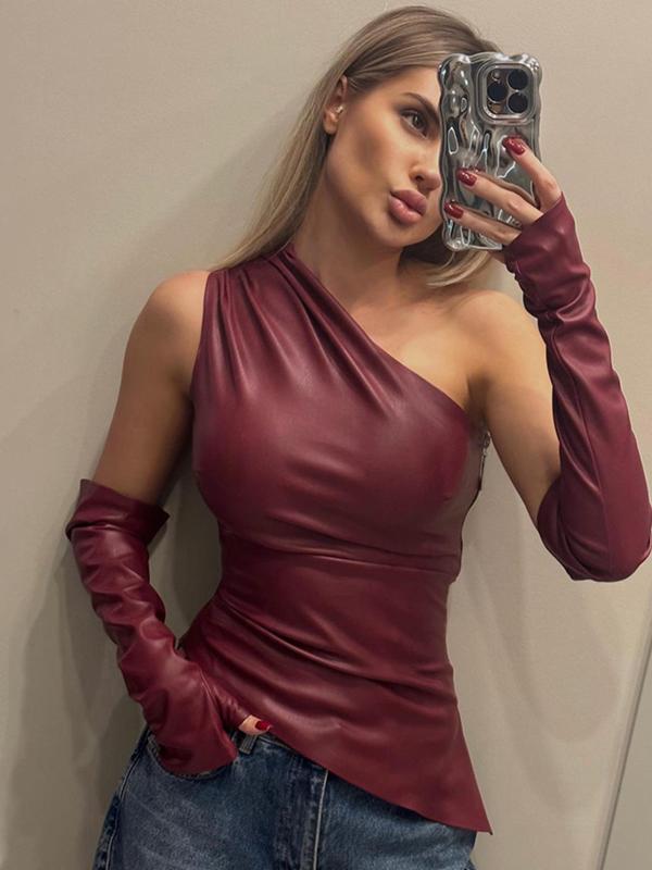 Women's Solid Ruched Asymmetrical One Shoulder PU T-shirt with Gloves, Fashion Casual Zipper Side Sleeveless Top for Daily Outdoor Wear, Women Clothing for Spring & Fall