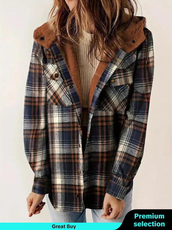 Women's Plaid Print Button Front Hooded Jacket, Casual Long Sleeve Pocket Outerwear for Fall & Winter,  Winter Clothes Women, Ladies Clothes for Daily Wear