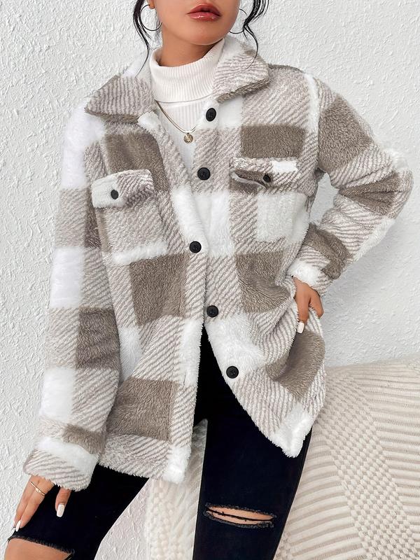 Women's Plaid Print Button Front Flap Pocket Drop Shoulder Plush Jacket, Casual Long Sleeve Collared Outerwear for Fall & Winter, Ladies Clothes for Daily Wear Tops