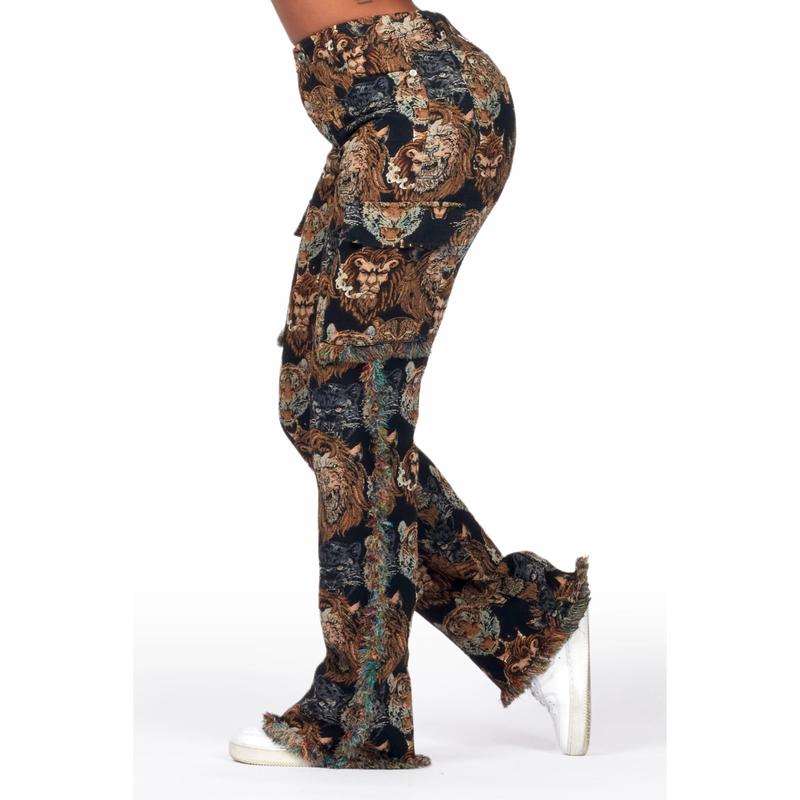 Khadiyah Black Animal Print Tapestry Stacked Pant