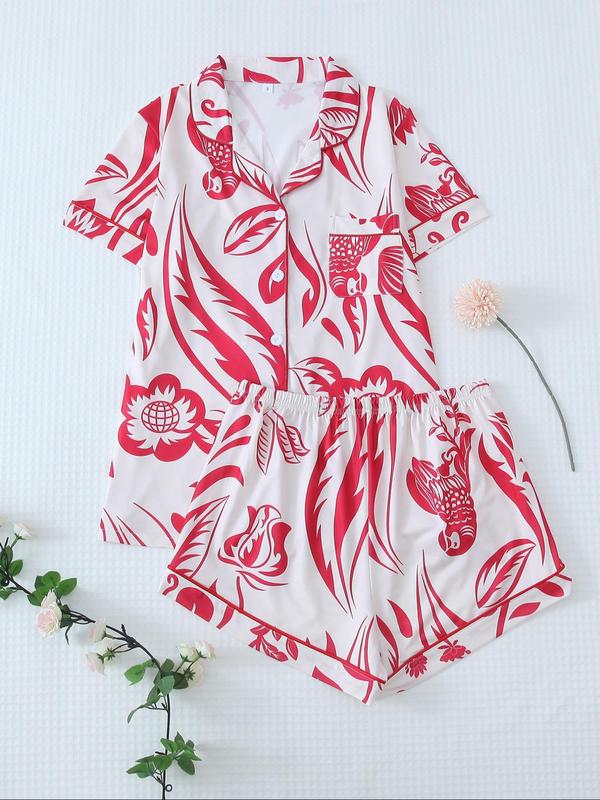 Two-Piece Set Women's Printed Button Front Pocket Blouse & Elastic Waist Shorts Pajama Set, Cute Comfy Soft PJ Lounge Set, Summer Clothes Women, Lady Sleepwear & Homewear Christmas List Ideas 2024