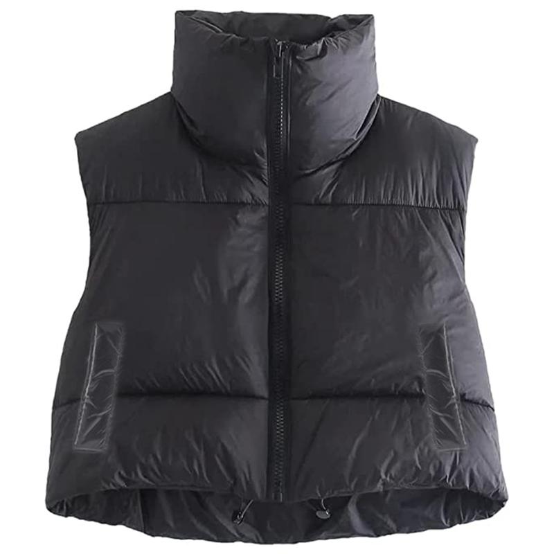 Women Winter Warm Crop Waistcoat, Sleeveless Stand Collar Double Sided Lightweight Puffer Vest