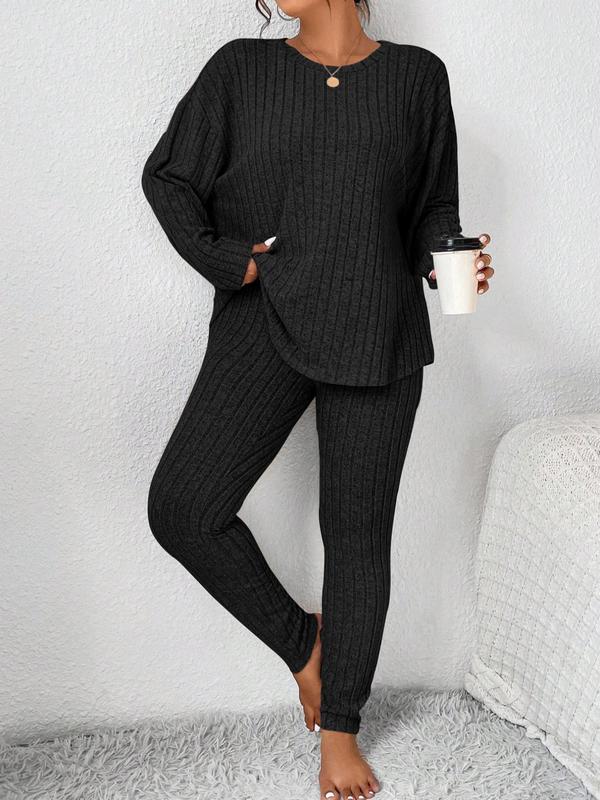 Womenswear  Two-piece Set Solid Drop Shoulder Top & Elastic Waist Pants Set, Casual Fashion Cozy Round Neck Long Sleeve Top & Trousers for Daily Wear, Women's Plus Size Two-piece Outfits