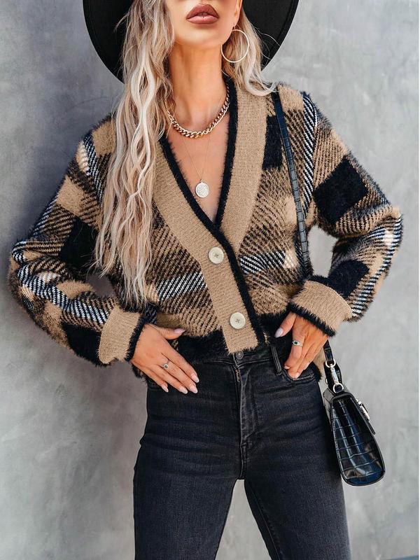 Women's Patchwork Button Front Cardigan, Back To School Clothes, Casual Long Sleeve V Neck Knitwear for Fall & Winter, Fashion Women's Knit Clothing for Daily Wear, Fall Outfits, Fallfreshness