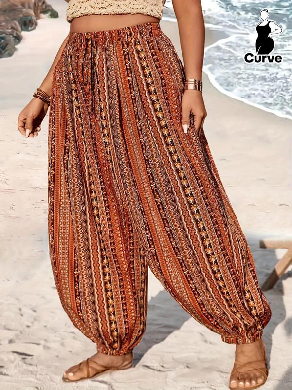 Plus Size Ethnic Pattern Tie Front Harem Pants, Boho High Waist Pocket Baggy Trousers, Women's Bottoms for Beach Vacation Holiday