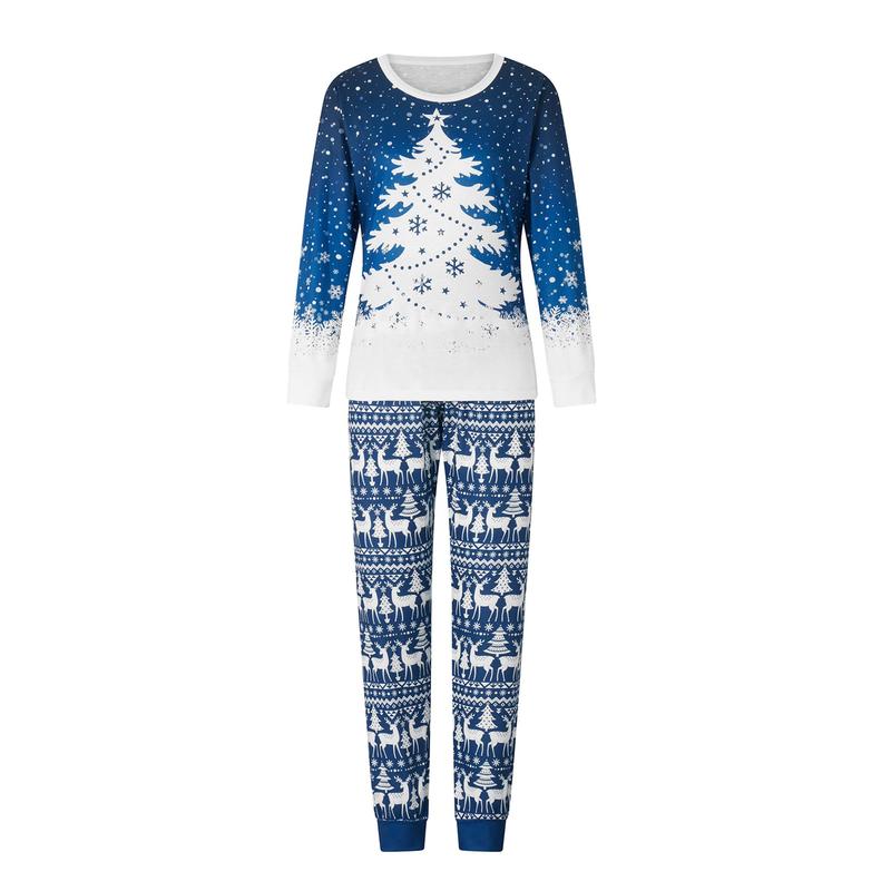 Blue Matching Christmas Pajamas For Family Snowflake Tree Print Long Sleeve Crew Neck Tops + Pants Set Sleepwear