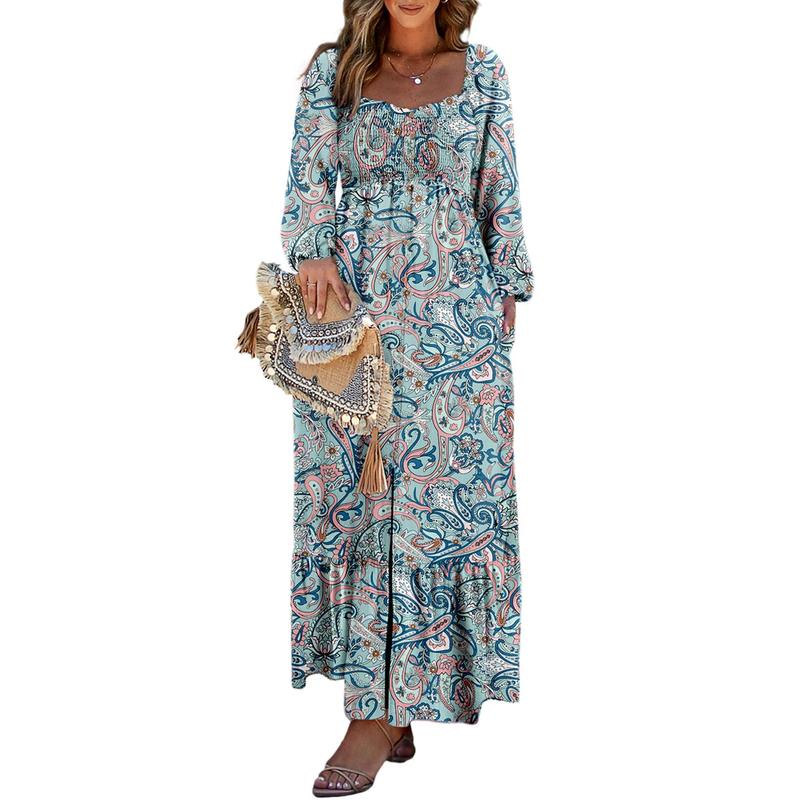 Dokotoo Womens Dresses 2024 Boho Floral Smocked Square Neck Long Sleeve Button Down Beach Long Maxi Dress with Pockets