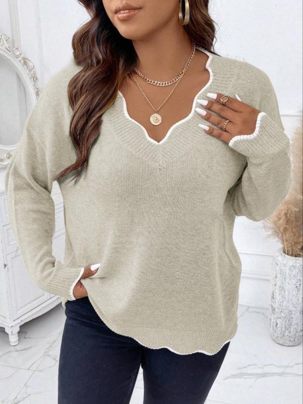  Contrast Binding Scallop Trim Sweater, Casual Drop Shoulder Long Sleeve V Neck Jumper for Fall & Winter, Women's Clothing for Daily Wear, Fall Fall Outfits 2024, Fall Outfits, Fallfreshness