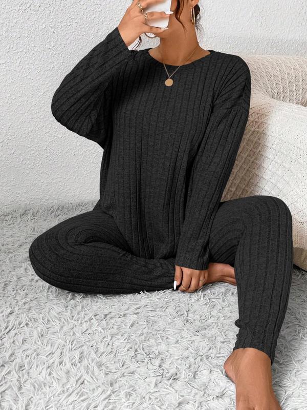 Womenswear  Two-piece Set Solid Drop Shoulder Top & Elastic Waist Pants Set, Casual Fashion Cozy Round Neck Long Sleeve Top & Trousers for Daily Wear, Women's Plus Size Two-piece Outfits