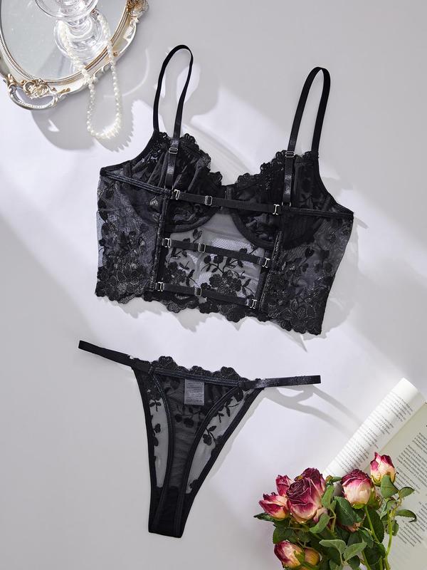 Women's Floral Embroidery Sheer Lace Bra & Thong Sexy Lingerie Set, Adjustable Strap Push Up Bra & Panty, Lingerie Set for Women