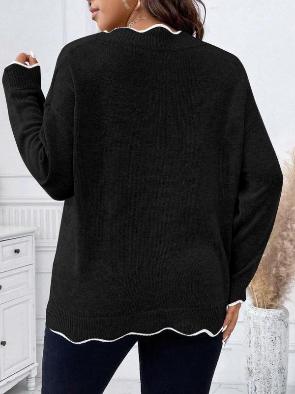  Contrast Binding Scallop Trim Sweater, Casual Drop Shoulder Long Sleeve V Neck Jumper for Fall & Winter, Women's Clothing for Daily Wear, Fall Fall Outfits 2024, Fall Outfits, Fallfreshness