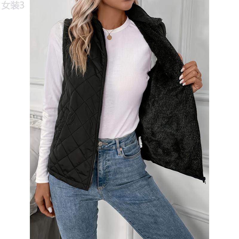 Quilted Solid Zipper Vest - Ultra-Warm, Versatile, Sleeveless Winter Outwear for Women - Perfect for Cold Weather, Outdoor Activities, and Daily Life Collar Fabric Womenswear Polyester Tops Comfort Basic High Neck