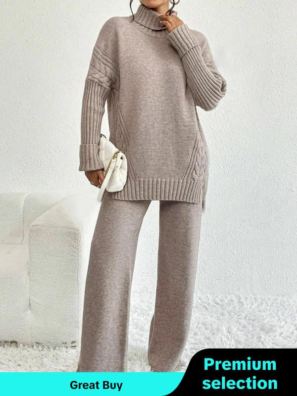 Two-piece Set Women's Textured Split High Low Hem Sweater & Wide Leg Knitting Pants, Casual  Fashionable   Style Cozy Turtleneck Jumper & Trousers for Daily Outdoor Wear, Women's Knitwear for Fall & Winter