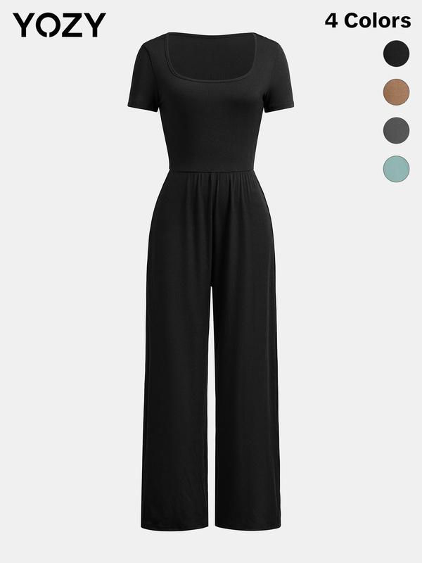 YOZY [4 colors, size 4-14] Plain Ribbed Square Neck Pleated Wide Leg Jumpsuit, Casual Fashion Short Sleeve Straight Leg Jumpsuit, 2024 Women's Daily Wear for Summer & Fall, [S-XXL]